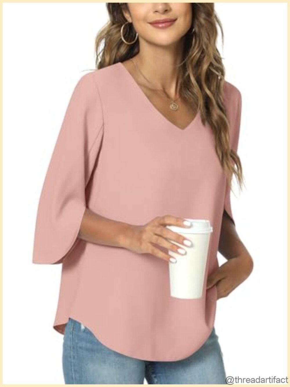 Womens Chiffon Tunic Top 3/4 Sleeve V-Neck Loose Fit Blouse for Work Casual